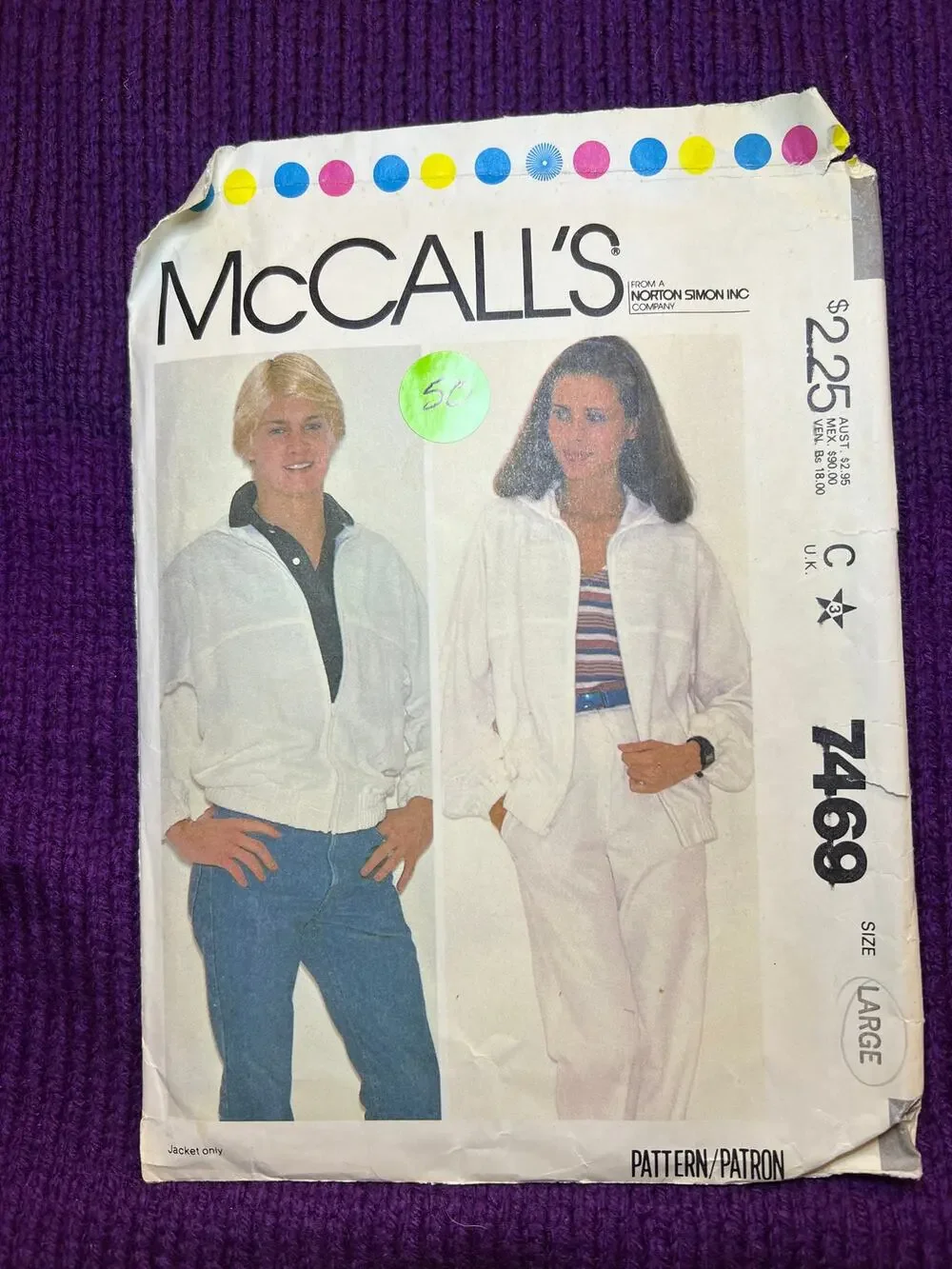 McCalls 7469 sewing pattern unisex jacket pattern 1970s size large